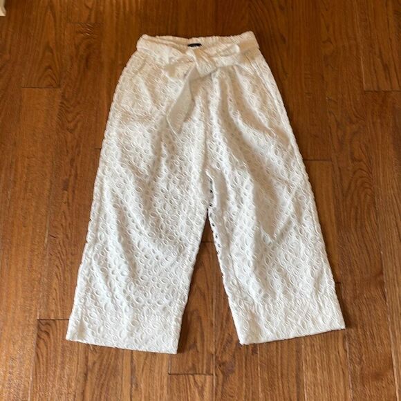 J.Crew White Eyelet wide leg tie waist pant 2 - Picture 2 of 8